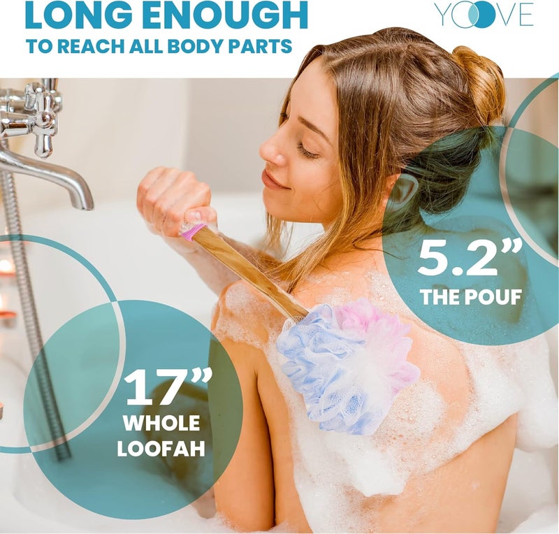 Yoove Loofah Back Scrubber wBamboo Charcoal Fiber Infused Bath Sponge Wooden Handle Luffa Pouf Sponge Stick Hanging Hook for Men Women Pink Loofah wHandle Loofa Lufa Body Scrubber Stick - Image 5