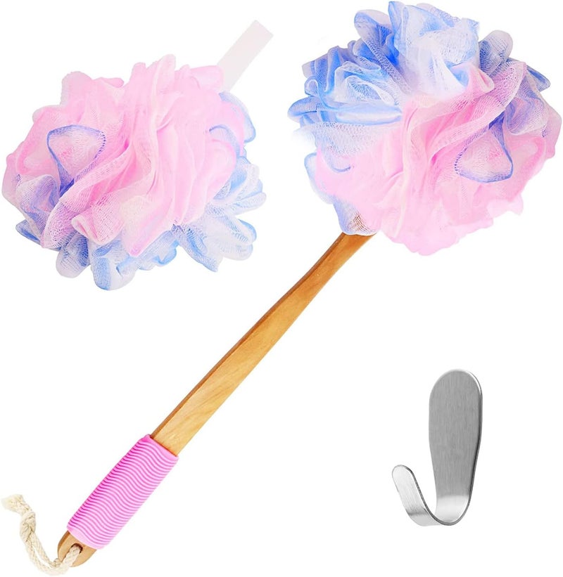 Yoove Loofah Back Scrubber wBamboo Charcoal Fiber Infused Bath Sponge Wooden Handle Luffa Pouf Sponge Stick Hanging Hook for Men Women Pink Loofah wHandle Loofa Lufa Body Scrubber Stick - Image 1