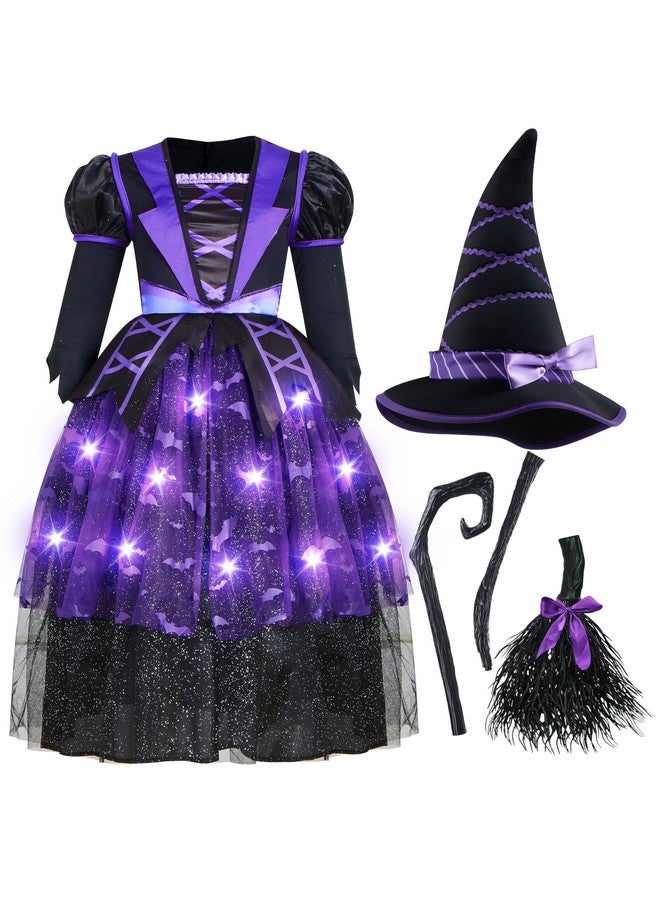 Spooktacular Creations pooktacular Creations Halloween Witch Costume Kids, Light Up Witch Dress with Hat and Broom for Girls, Toddlers Bat Outfit Set for Halloween Costumes Role Play Parties, Purple (Small(5-7 yrs))  - Image 4