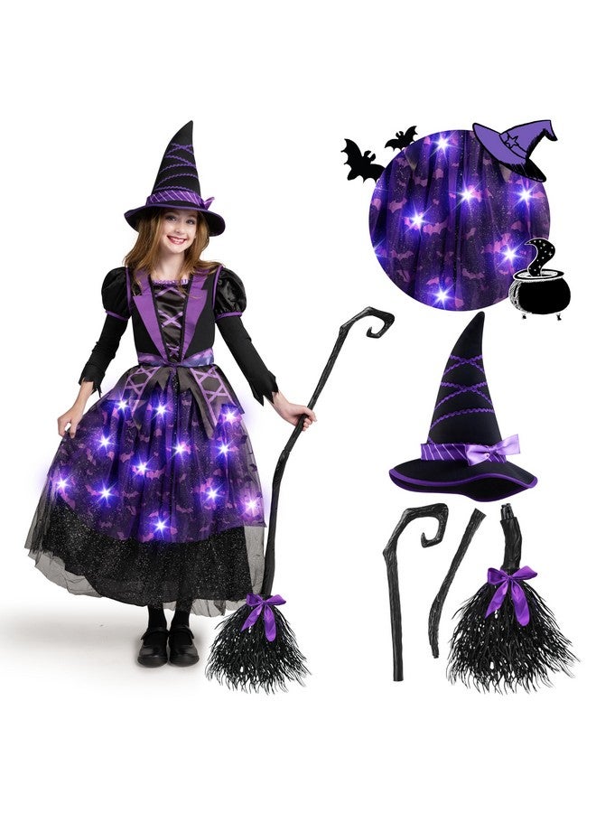 Spooktacular Creations pooktacular Creations Halloween Witch Costume Kids, Light Up Witch Dress with Hat and Broom for Girls, Toddlers Bat Outfit Set for Halloween Costumes Role Play Parties, Purple (Small(5-7 yrs))  - Image 1