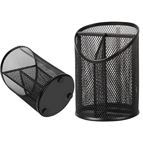 Delifox 2 Pack Pen Holder Mesh Round Pencil Holder Desktop Organizer 3 Compartments, Black - Image 3