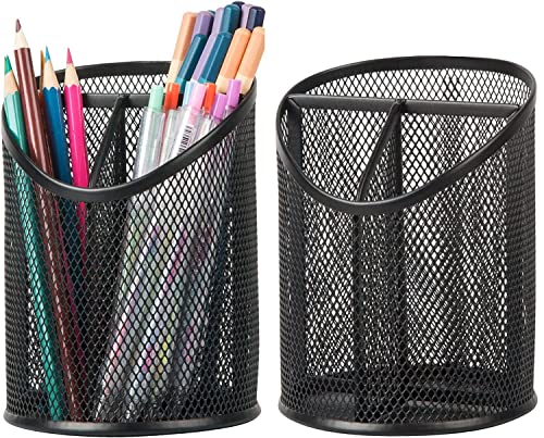 Delifox 2 Pack Pen Holder Mesh Round Pencil Holder Desktop Organizer 3 Compartments, Black - Image 1