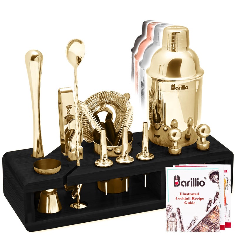 Barillio Gold Bartender Kit StainlessSteel Cocktail Shaker Set wBlack Bamboo Stand Mixology Bar Tools wDrink Shaker Mixer and Muddler for Cocktails Home Bar Accessories 23Pc Bar Set