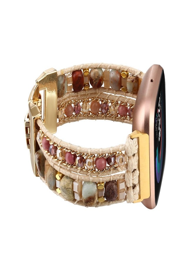 Wingoden Bracelet Bands Compatible with Fitbit Versa 4/3/Sense 2/Sense Band for Women, Leather Beaded Watch Strap Natural Stone Wrap Boho Watch Band for Fitbit Versa 4 Bands Replacement, Beige Beads - Image 1