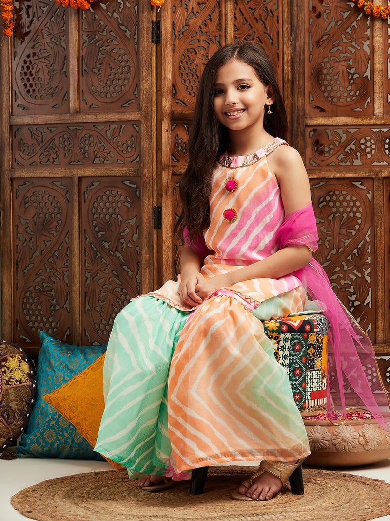 Pspeaches Girls Striped Regular Kurta With Sharara & Dupatta - Image 4