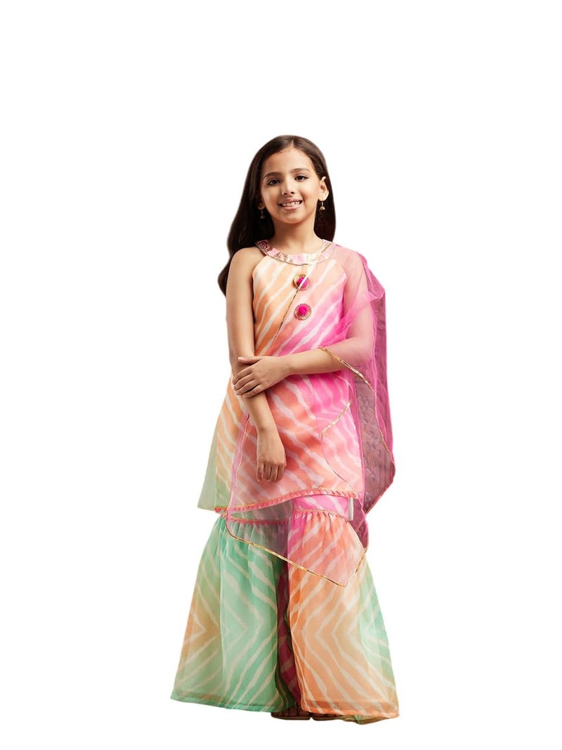 Pspeaches Girls Striped Regular Kurta With Sharara & Dupatta - Image 1
