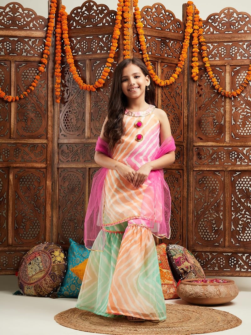 Pspeaches Girls Striped Regular Kurta With Sharara & Dupatta - Image 5