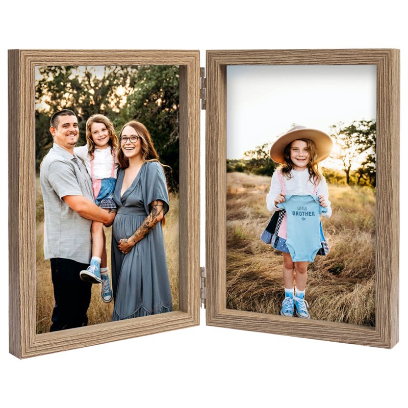 AVEAX Double 4x6 Picture Frame Hinged Folding Photo Frame with Glass Front Vertical Frame on Desktop Wood Grain