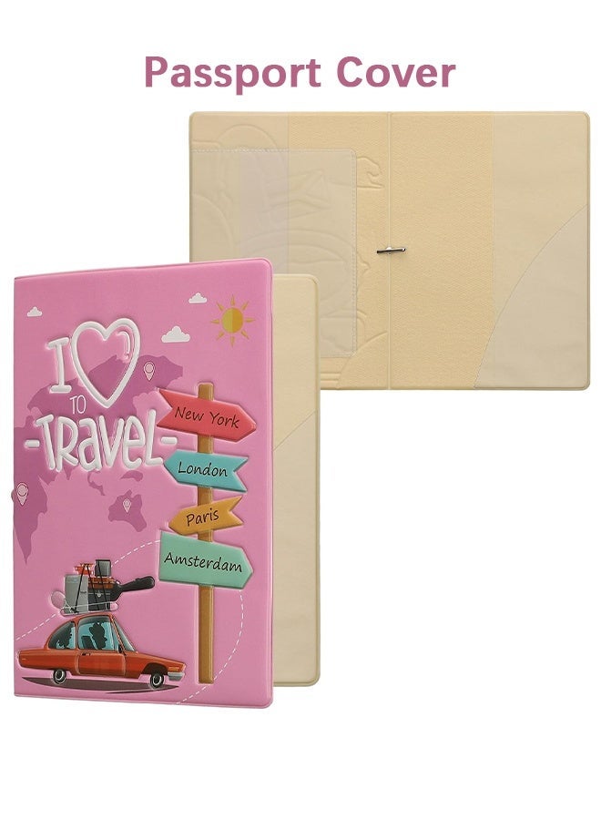 Wffo PVC Passport Cover Protective Holder with Card Slot - Personalized Plastic Case for Men and Women, I Love Travel - Pink - Image 1