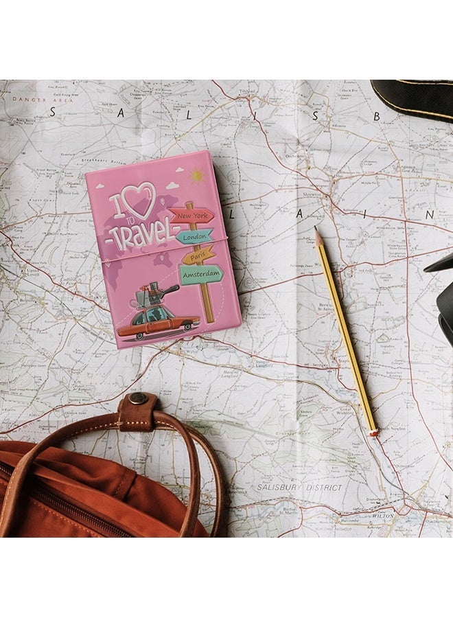 Wffo PVC Passport Cover Protective Holder with Card Slot - Personalized Plastic Case for Men and Women, I Love Travel - Pink - Image 4