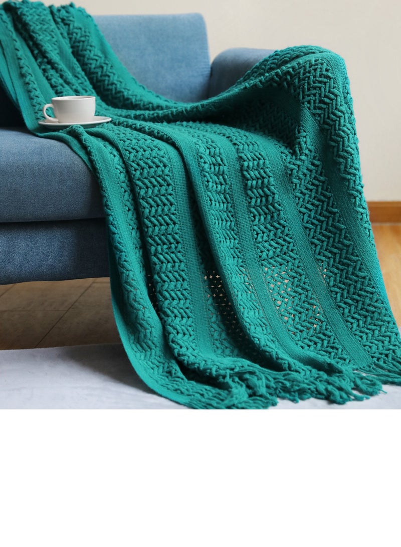 Loquat Solid Color Tassel Design Hollowed Knitted Soft Throw Blanket Green - Image 1