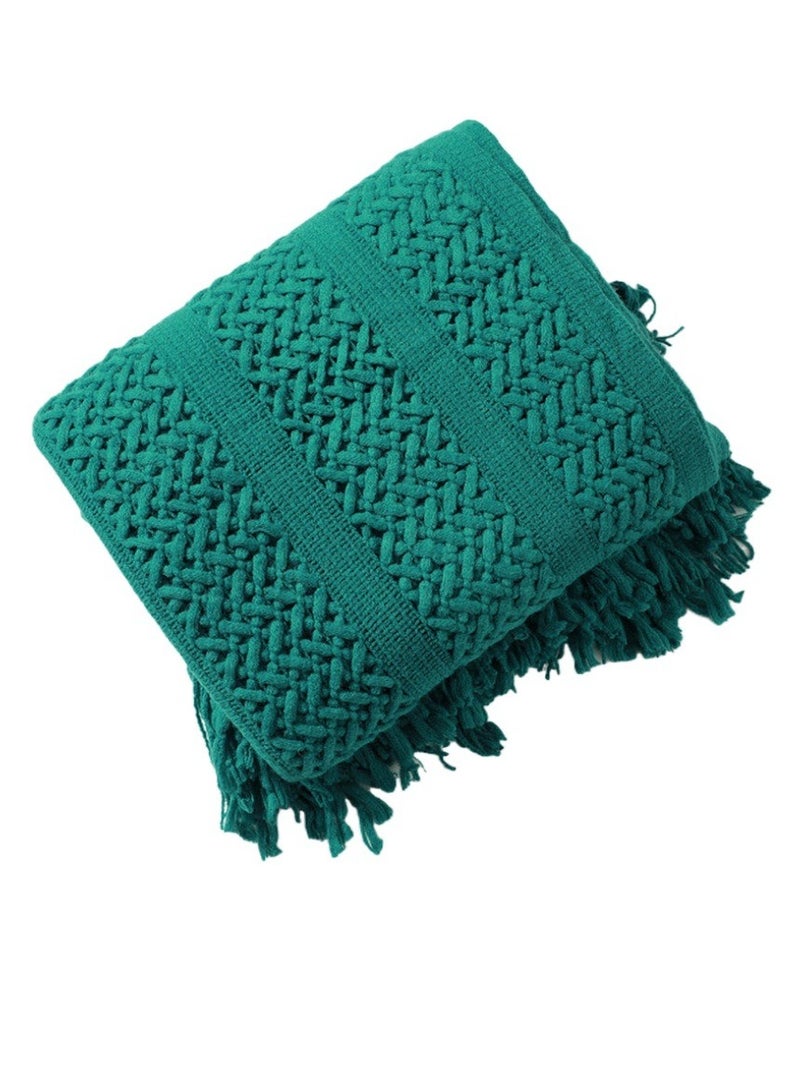 Loquat Solid Color Tassel Design Hollowed Knitted Soft Throw Blanket Green - Image 2