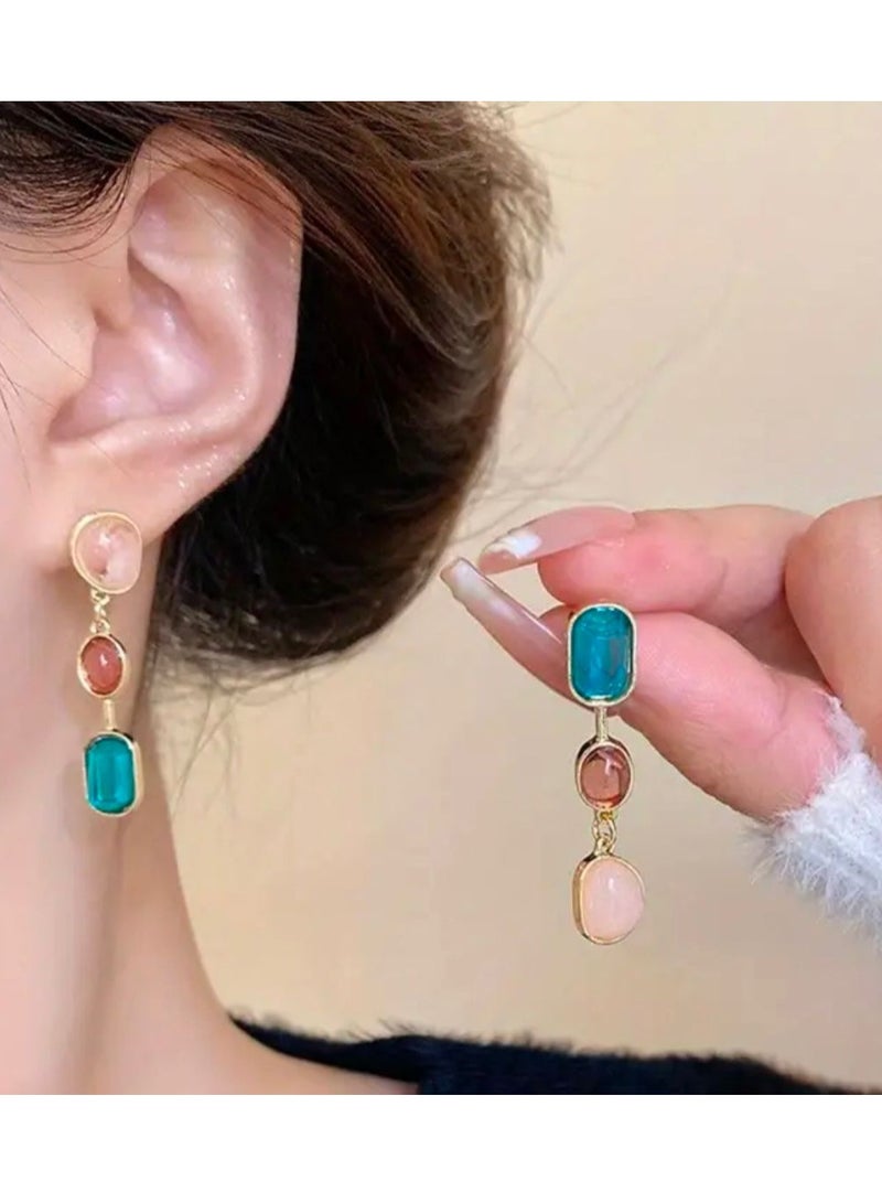 Vintage Boho Style Asymmetrical Colored Gemstone Earrings for Women 925 Sterling Silver Ear Needle, Alloy with Artificial Crystal Inlay, Multi-Occasion Versatile Drop & Dangle Earrings for Daily Wear and Gift-Giving (1 Pair) - Image 1