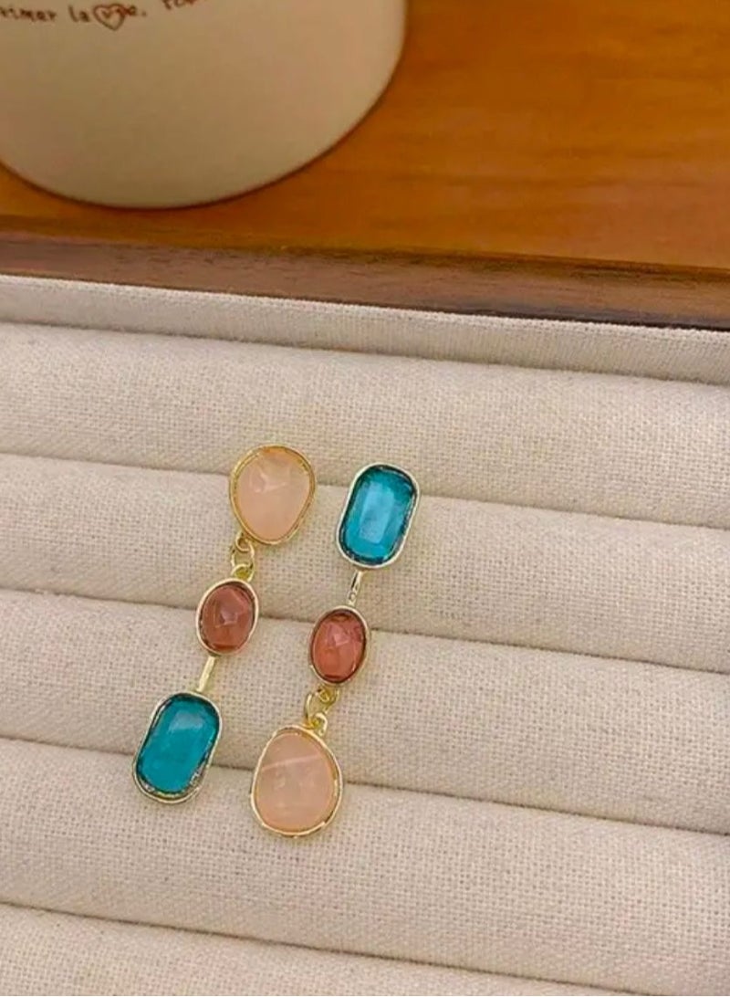 Vintage Boho Style Asymmetrical Colored Gemstone Earrings for Women 925 Sterling Silver Ear Needle, Alloy with Artificial Crystal Inlay, Multi-Occasion Versatile Drop & Dangle Earrings for Daily Wear and Gift-Giving (1 Pair) - Image 3