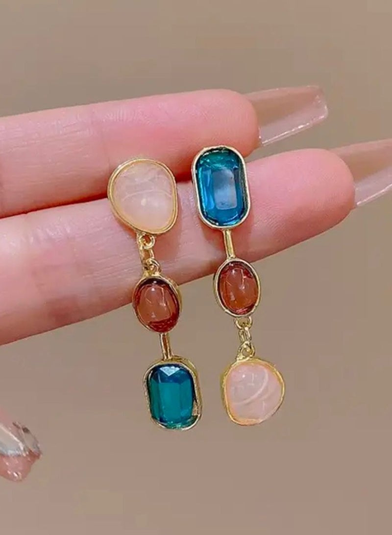 Vintage Boho Style Asymmetrical Colored Gemstone Earrings for Women 925 Sterling Silver Ear Needle, Alloy with Artificial Crystal Inlay, Multi-Occasion Versatile Drop & Dangle Earrings for Daily Wear and Gift-Giving (1 Pair) - Image 2