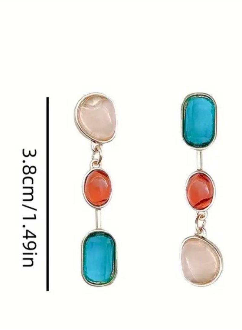 Vintage Boho Style Asymmetrical Colored Gemstone Earrings for Women 925 Sterling Silver Ear Needle, Alloy with Artificial Crystal Inlay, Multi-Occasion Versatile Drop & Dangle Earrings for Daily Wear and Gift-Giving (1 Pair) - Image 4