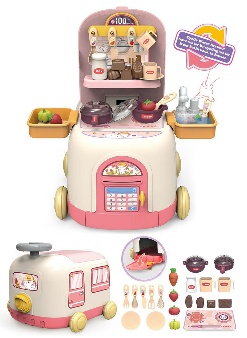 36Pcs Pretend Kitchen Toy Set, Indoor Kitchen Cooking Game Kit, 2-in-1 Deformable Toy Car of Kitchen Game Kit Toys for 1-3 Years Old,Built-in Storage Compartment, Boys and Girls,Pink  - Image 1