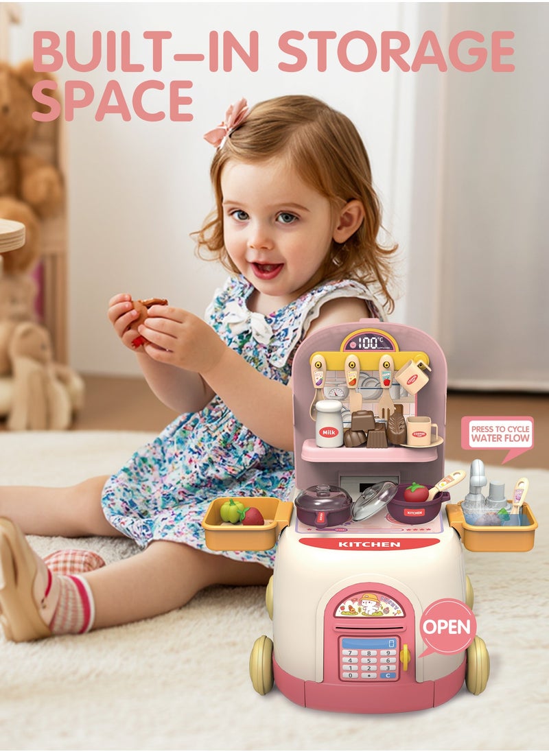 36Pcs Pretend Kitchen Toy Set, Indoor Kitchen Cooking Game Kit, 2-in-1 Deformable Toy Car of Kitchen Game Kit Toys for 1-3 Years Old,Built-in Storage Compartment, Boys and Girls,Pink  - Image 5