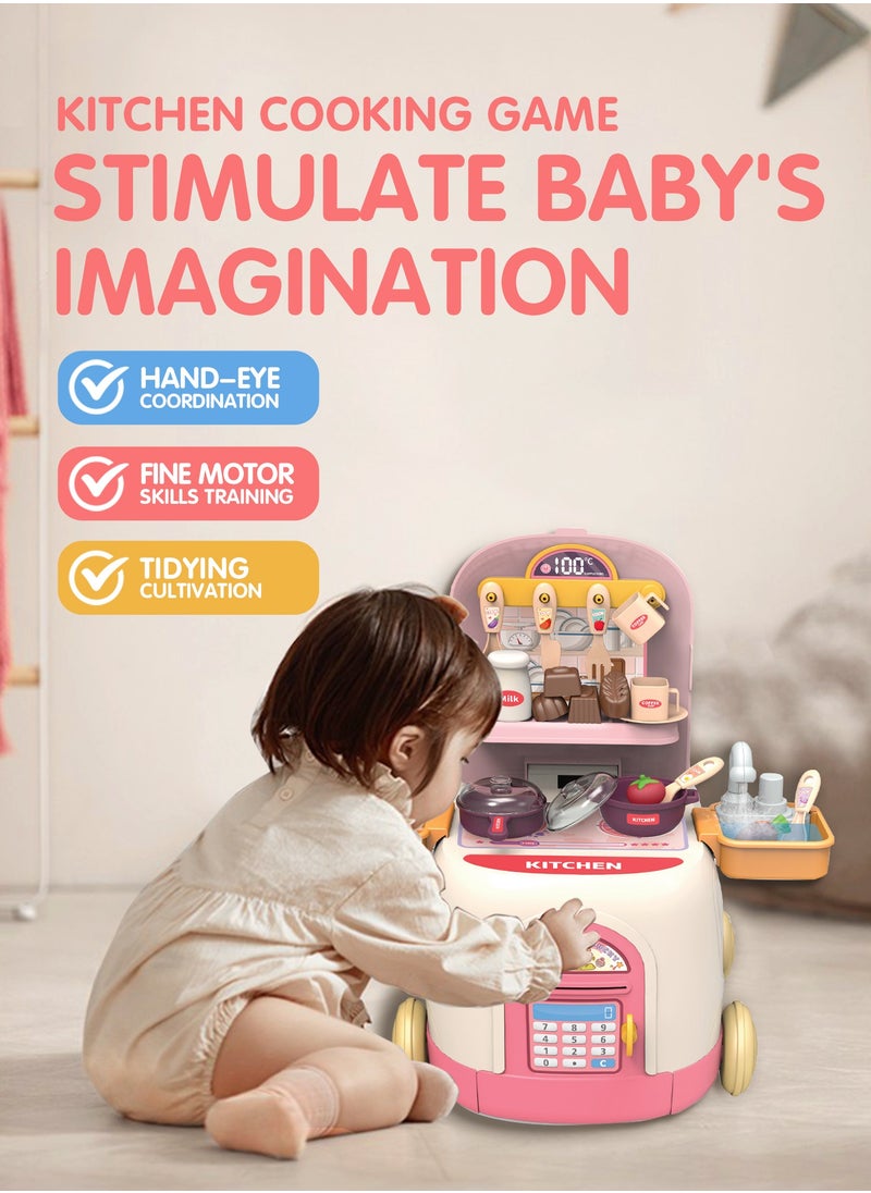 36Pcs Pretend Kitchen Toy Set, Indoor Kitchen Cooking Game Kit, 2-in-1 Deformable Toy Car of Kitchen Game Kit Toys for 1-3 Years Old,Built-in Storage Compartment, Boys and Girls,Pink  - Image 4