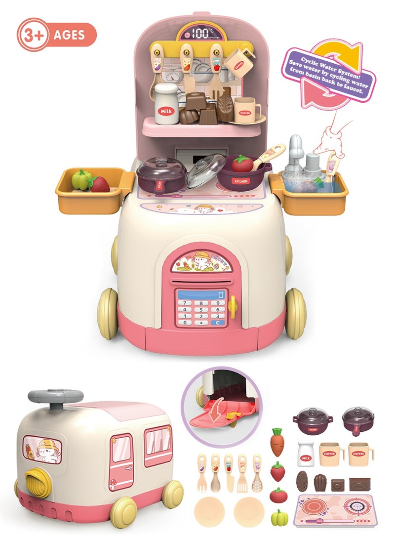 OASIAURA 36Pcs Pretend Kitchen Toy Set, Indoor Kitchen Cooking Game Kit, 2-in-1 Deformable Toy Car of Kitchen Game Kit Toys for 3+ Years Old,Built-in Storage Compartment, Boys and Girls,Pink - Image 1