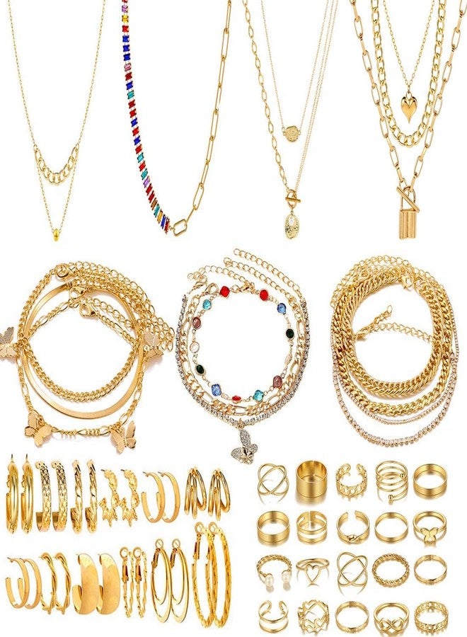 KOSMOS-LI 60 PCS Gold Plated Jewelry Sets Stocking Stuffers with Costume Necklaces, Bracelets, Earrings, Knuckle Rings for Women (49gold) - Image 1