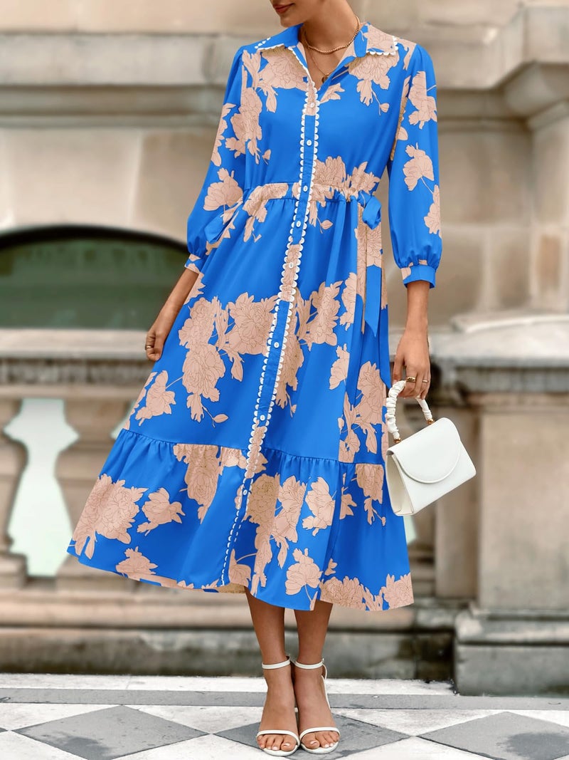 Wenrine Womens Maxi Shirt Dress Casual Floral Collared 3/4 Long Sleeve Drawstring Waist Fall Button Down Dresses Royal Blue - Image 2