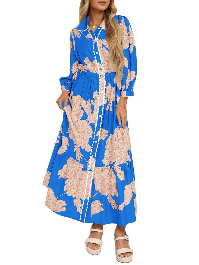 Wenrine Womens Maxi Shirt Dress Casual Floral Collared 3/4 Long Sleeve Drawstring Waist Fall Button Down Dresses Royal Blue - Image 1