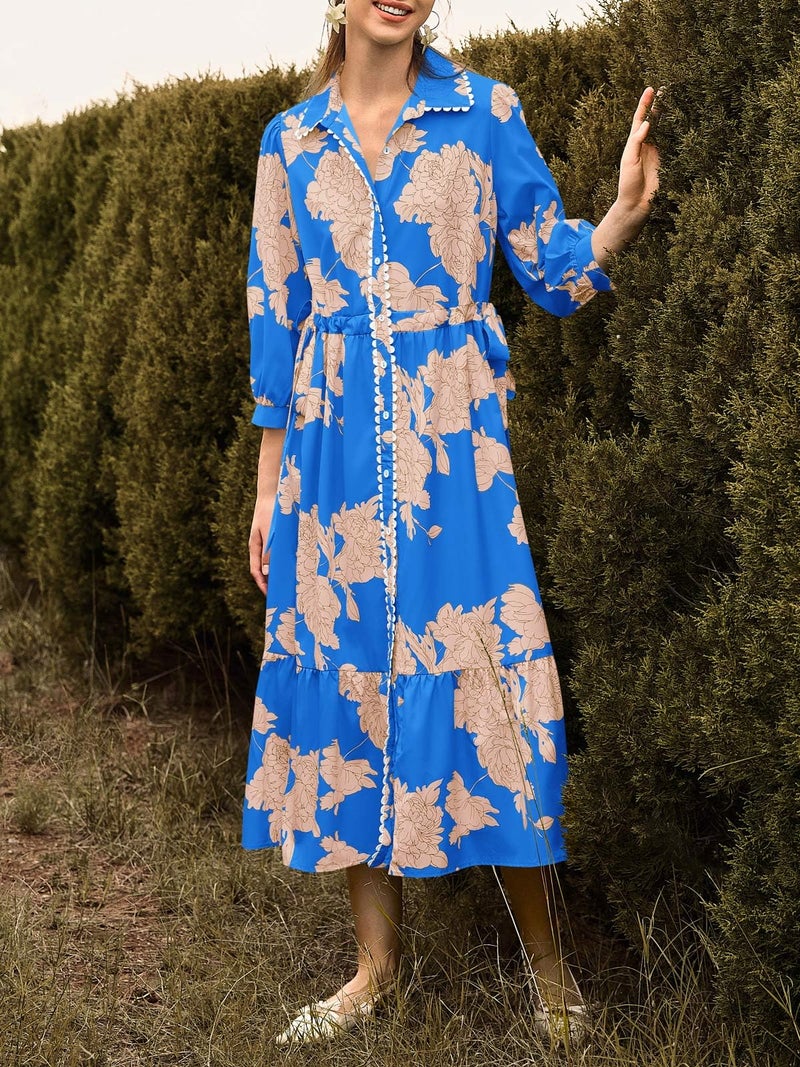 Wenrine Womens Maxi Shirt Dress Casual Floral Collared 3/4 Long Sleeve Drawstring Waist Fall Button Down Dresses Royal Blue - Image 5