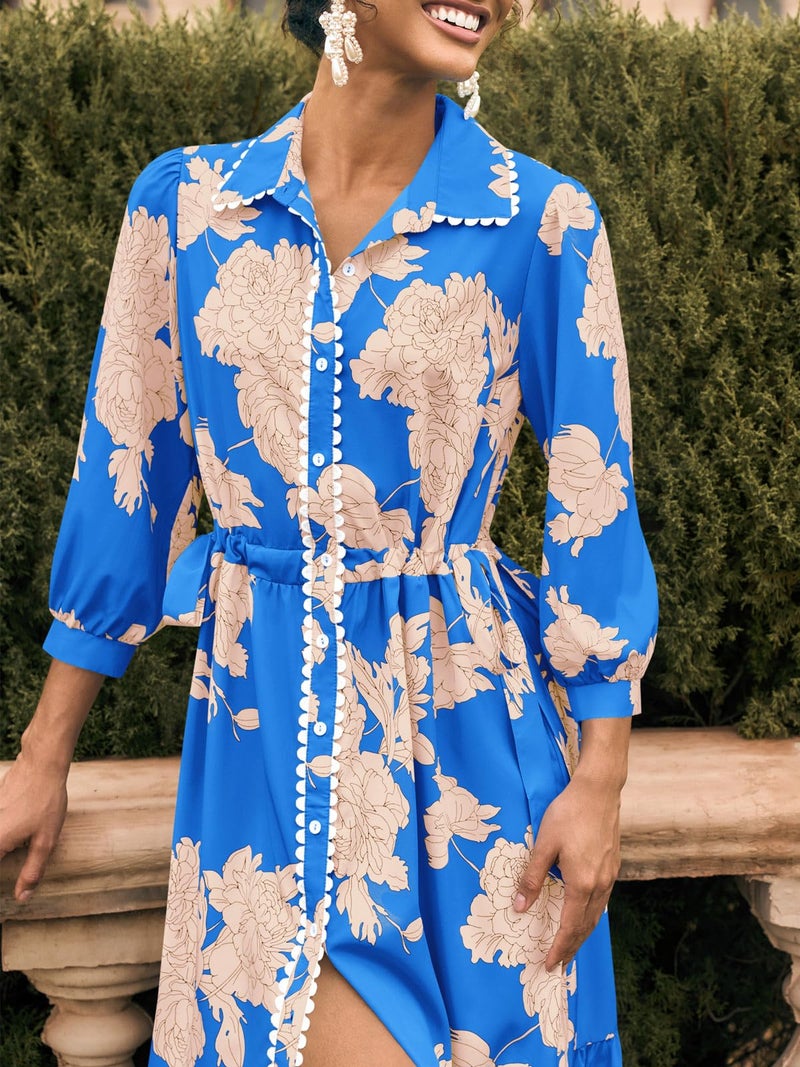 Wenrine Womens Maxi Shirt Dress Casual Floral Collared 3/4 Long Sleeve Drawstring Waist Fall Button Down Dresses Royal Blue - Image 4