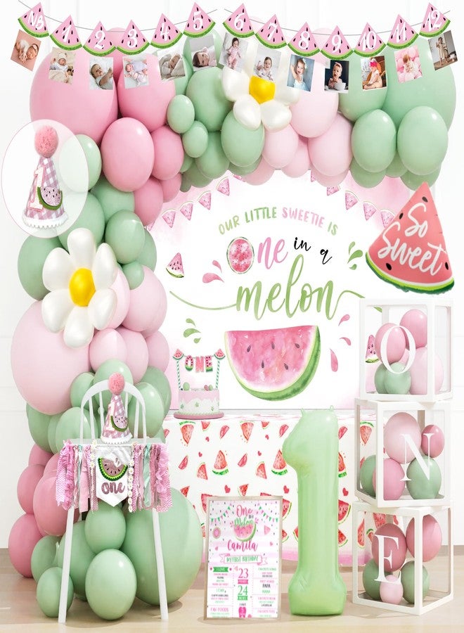 Hombae One In A Melon Party Decorations, Watermelon 1st Birthday Decorations, Our Little Sweetie Is One In A Melon Backdrop Balloons Banners Boxes Poster Crown for Pastel Watermelon First Supplies - Image 1