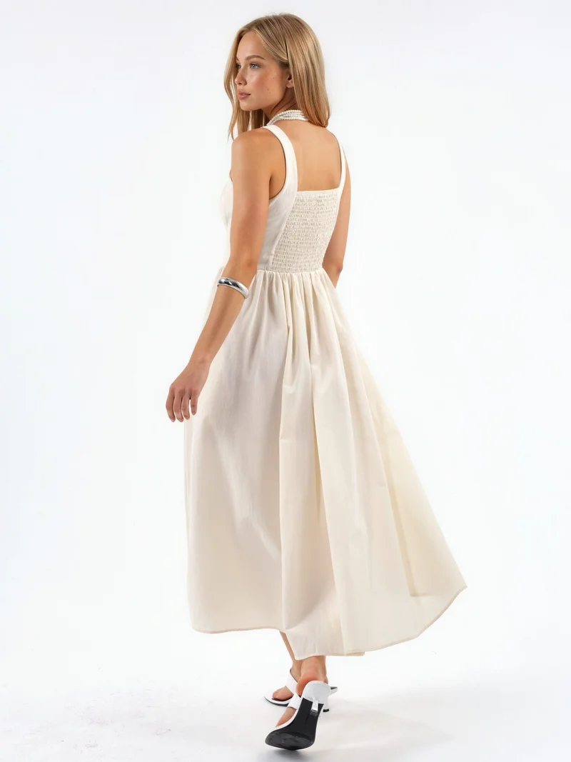 بوسيم BUSEM Midi Dress with Square Collar and Button Detail
