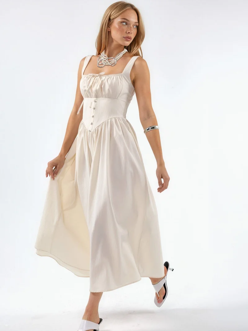 بوسيم BUSEM Midi Dress with Square Collar and Button Detail