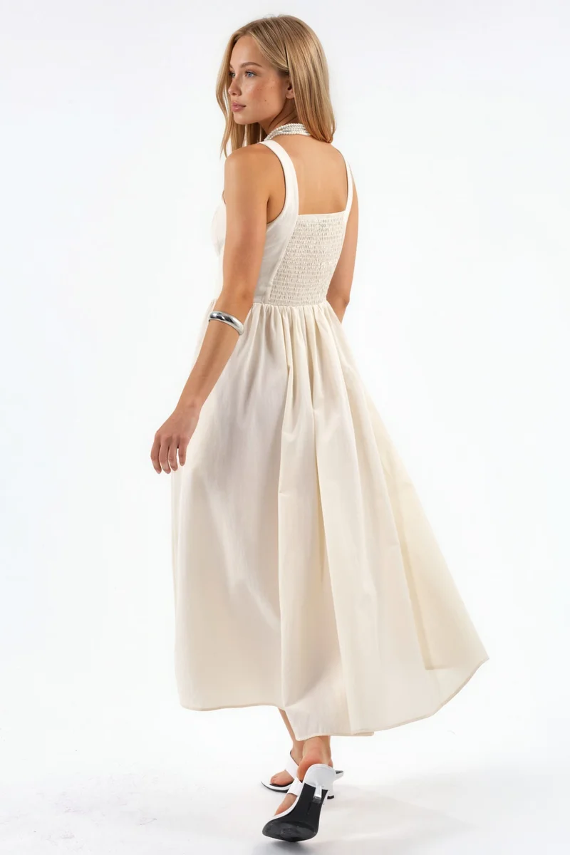 بوسيم BUSEM Midi Dress with Square Collar and Button Detail