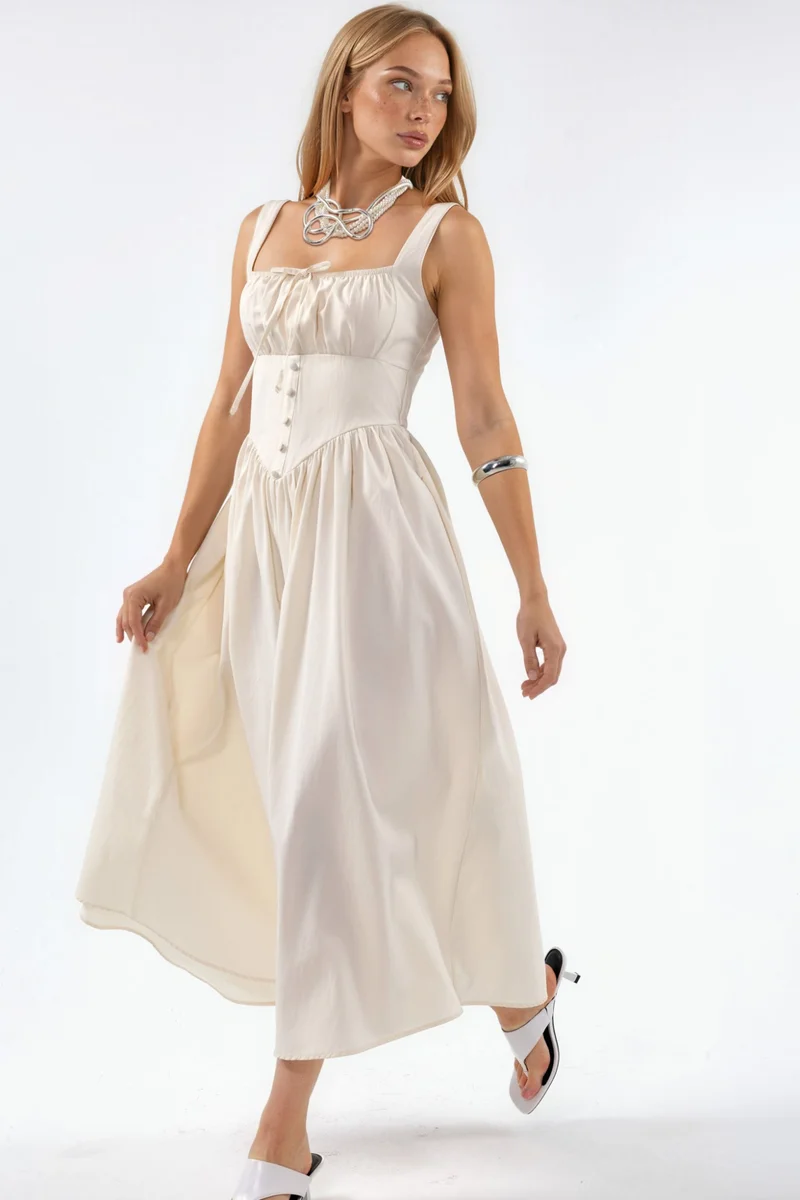 BUSEM Midi Dress with Square Collar and Button Detail
