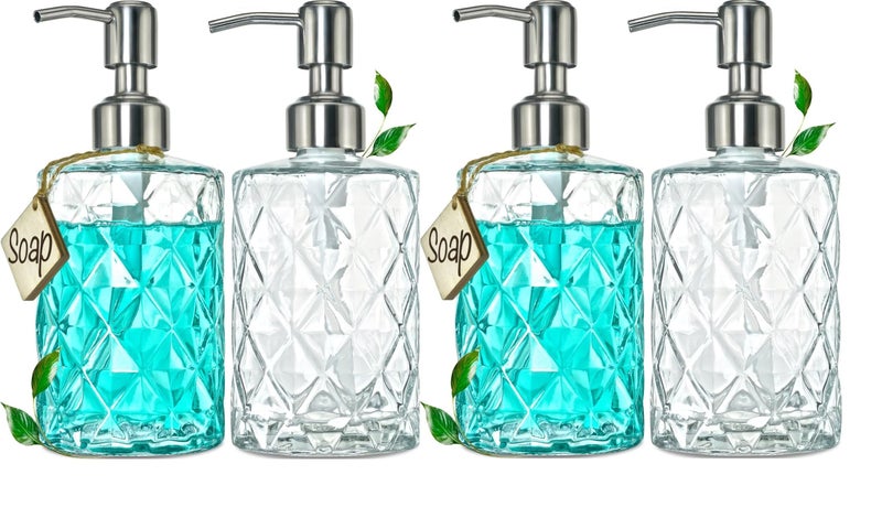 Luximal Glass Soap Dispenser Set for Bathroom, Handwash Liquid Dispensers Bottle, Liquid Hand Soap Dispenser with Rust Proof Plastic Pump, Lotion Dispenser, Wash Basin Glass Bottle For Bathroom Accessories ( 19 x 6.7 x 6.7 cm, 400 ml, Set of 4 ) - Image 1