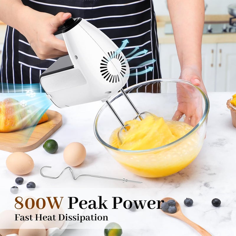 CHIDOLL 5-Speed Electric Hand Mixer, 800W Handheld Mixer with Turbo for Baking & Cooking, Kitchen Food Mixer with Storage Case & 5 Stainless Steel Attachments (2 Beaters, 2 Dough Hooks, 2 Whisks)-White - Image 2