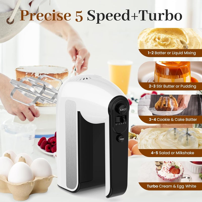 CHIDOLL 5-Speed Electric Hand Mixer, 800W Handheld Mixer with Turbo for Baking & Cooking, Kitchen Food Mixer with Storage Case & 5 Stainless Steel Attachments (2 Beaters, 2 Dough Hooks, 2 Whisks)-White - Image 3