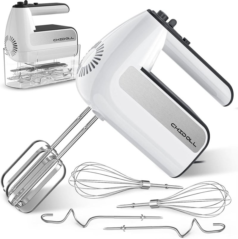 CHIDOLL 5-Speed Electric Hand Mixer, 800W Handheld Mixer with Turbo for Baking & Cooking, Kitchen Food Mixer with Storage Case & 5 Stainless Steel Attachments (2 Beaters, 2 Dough Hooks, 2 Whisks)-White - Image 1