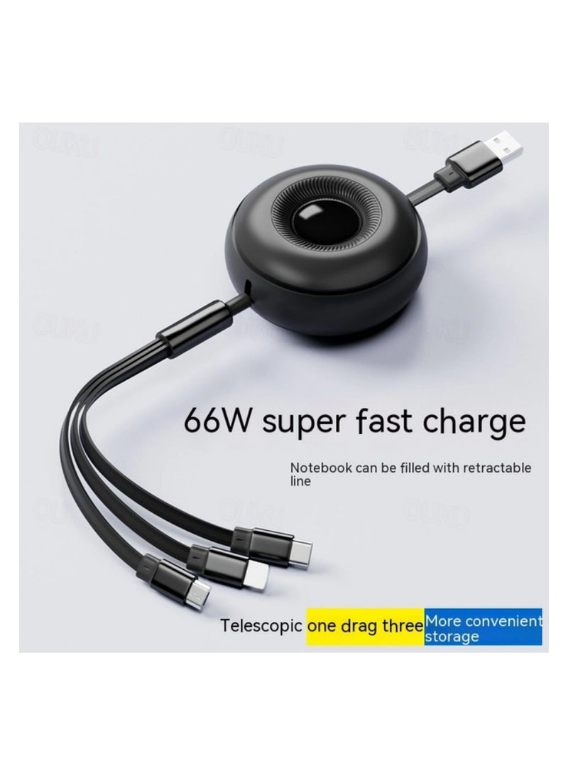 ATA Super Fast Charging 66W 3-in-1 Retractable Data Cable – USB to Micro, Lightning & Type-C (Round Model, Black) - Image 5