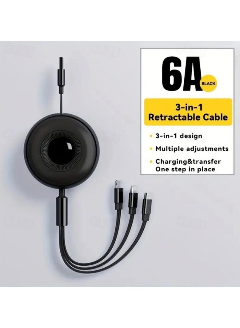 ATA Super Fast Charging 66W 3-in-1 Retractable Data Cable – USB to Micro, Lightning & Type-C (Round Model, Black) - Image 3