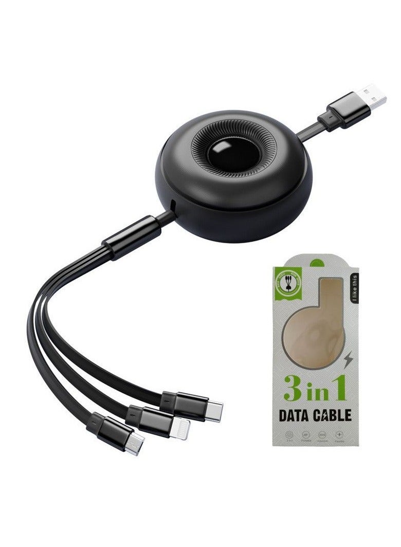 ATA Super Fast Charging 66W 3-in-1 Retractable Data Cable – USB to Micro, Lightning & Type-C (Round Model, Black) - Image 2