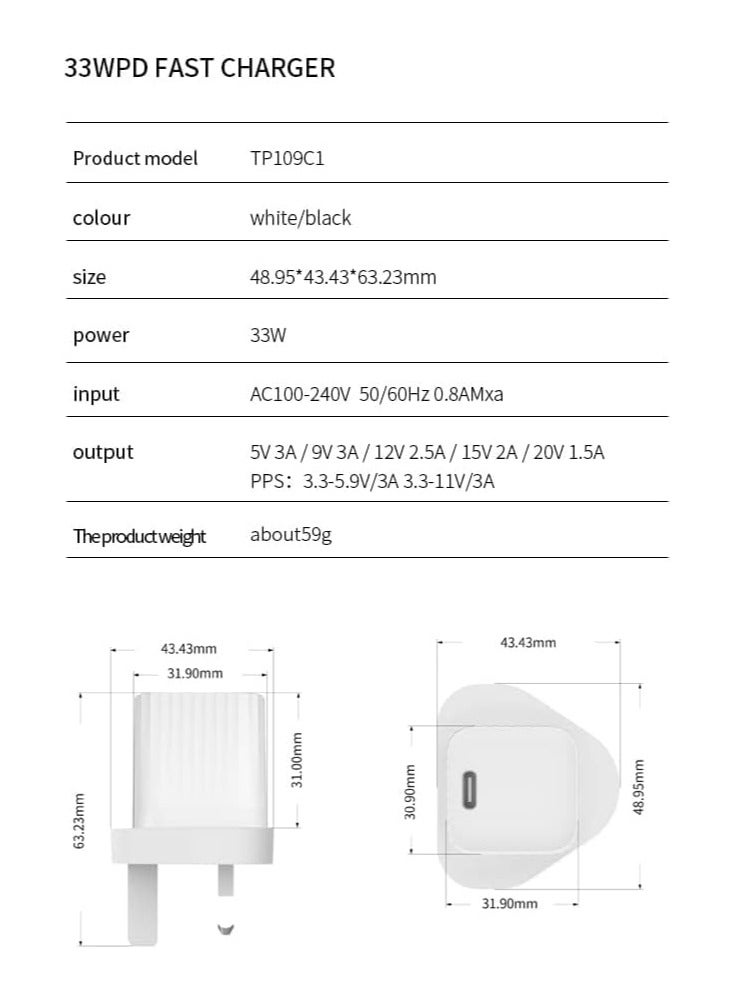 EKR 33W USB-C PD GaN Fast Charger Wall Adapter, iPhone 13/14/15/16/17, Samsung Galaxy, Pixel, iPad, AirPods, White - Image 4