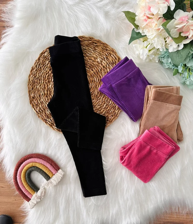 Miniğimin Cicileri My Little Ones Basic Girls Elastic Waist Corduroy Leggings - Black