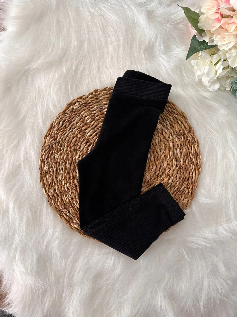Miniğimin Cicileri My Little Ones Basic Girls Elastic Waist Corduroy Leggings - Black