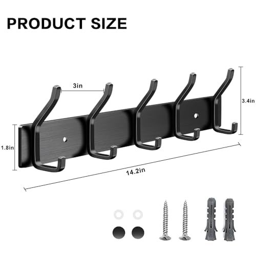 BLOCE Coat Rack Wall Mount, Stainless Steel Towel Racks for Bathroom, 14 Inch Hook Rail with 10 Coat Hook for Hat, Towel, Robes, Jacket, Clothes, Entryway Hanger (1, Black) - Image 2