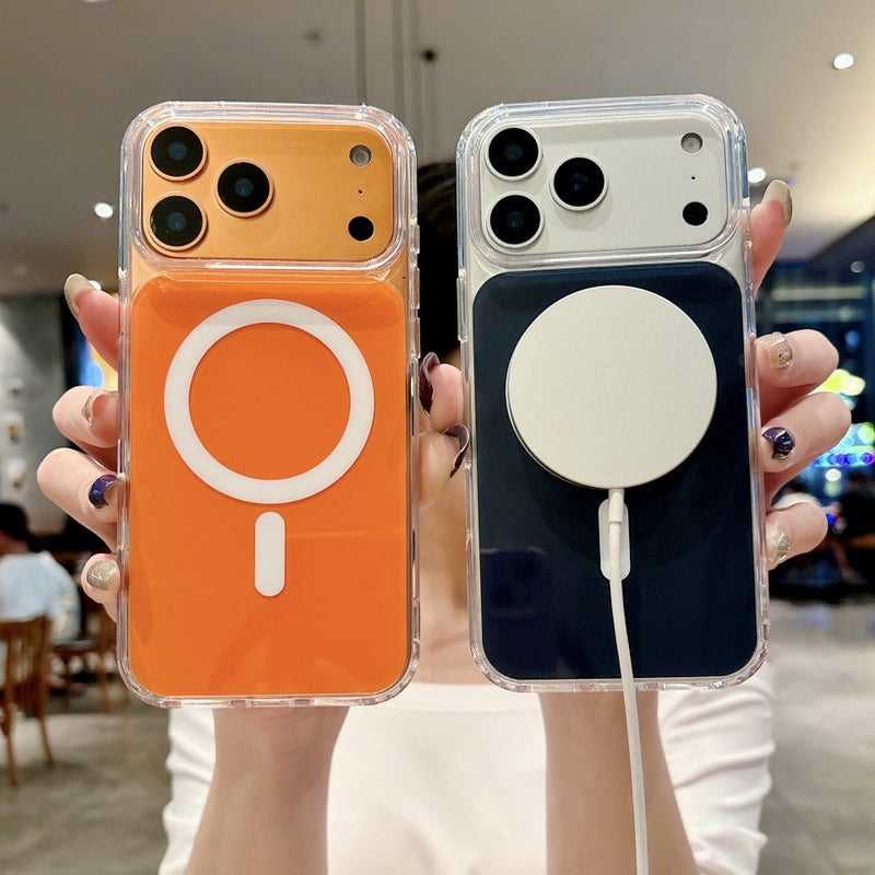 iPhone 17 pro max Clear-Orange case acrylic frosted magnetic silicon cover, shock proof, scratch resistant, long lasting protection for iphone 17 Pro Max case Wirless - Orange - Image 3