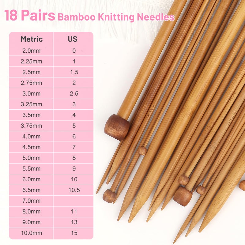 Aeelike 18 Pairs Bamboo Knitting Needles Set - 14 Inches Wooden Knitting Needles Single Point with Flower Roll Bag - Portable Knittings Needle Set for Beginners (2mm - 10mm) - Image 2