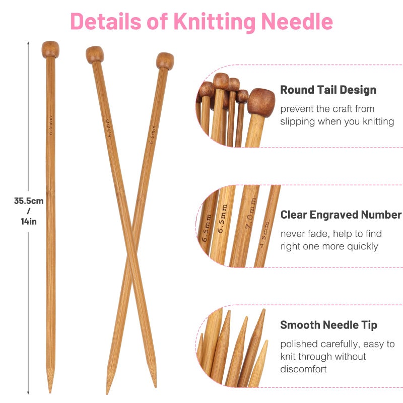 Aeelike 18 Pairs Bamboo Knitting Needles Set - 14 Inches Wooden Knitting Needles Single Point with Flower Roll Bag - Portable Knittings Needle Set for Beginners (2mm - 10mm) - Image 3