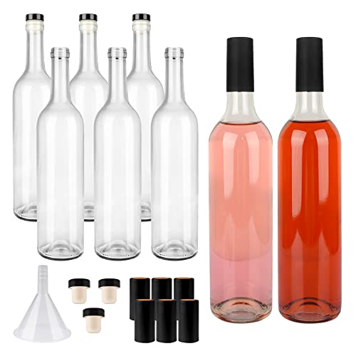 GUANENA 8 Pack 750ml Clear Glass Bottles with Cork Lids and PVC Shrink Capsules, Empty Home Brewing Wine Bottles with Funnel for Sparkling Wine, Juice, Kombucha, Beverages - Image 1