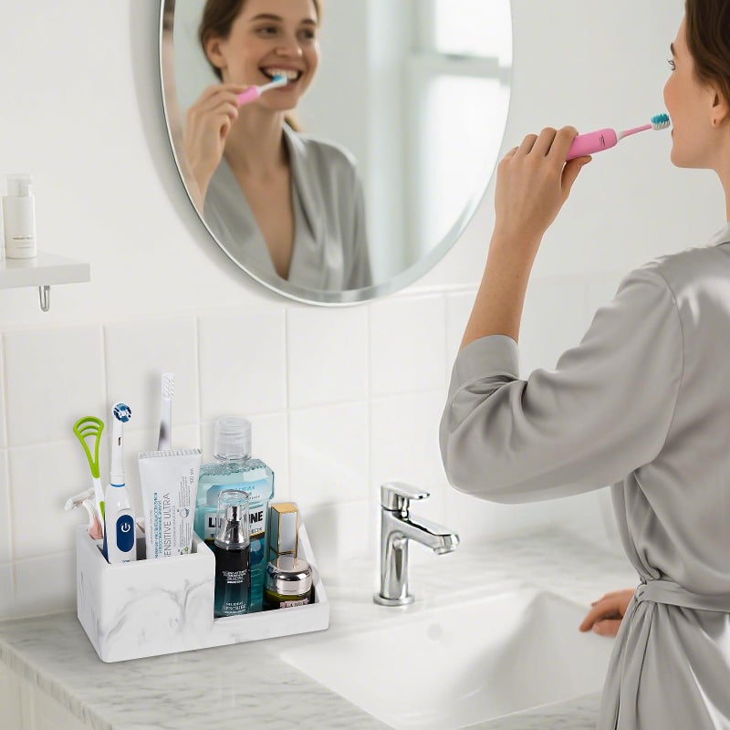 Heagoale Diatomite Toothbrush Holders for Bathrooms, Quick Dry Electric Tooth Brush and Toothpaste Organizer Bathroom Accessories for Countertop, Vanity, Sink - Marble White - Image 2